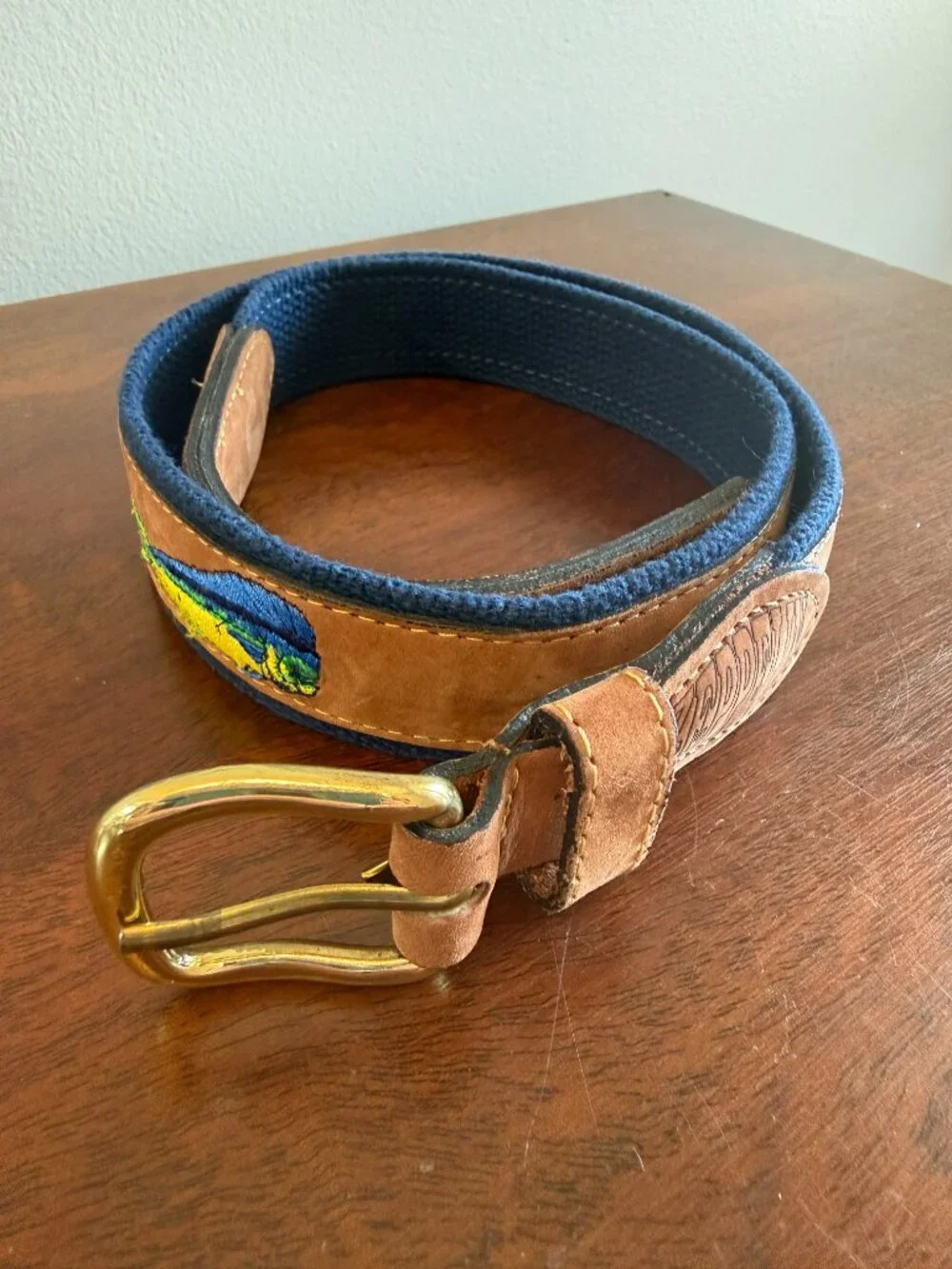 Zep-Pro Mahi Mahi Embroidered Ribbon Belt Navy Leather Trim Size 34